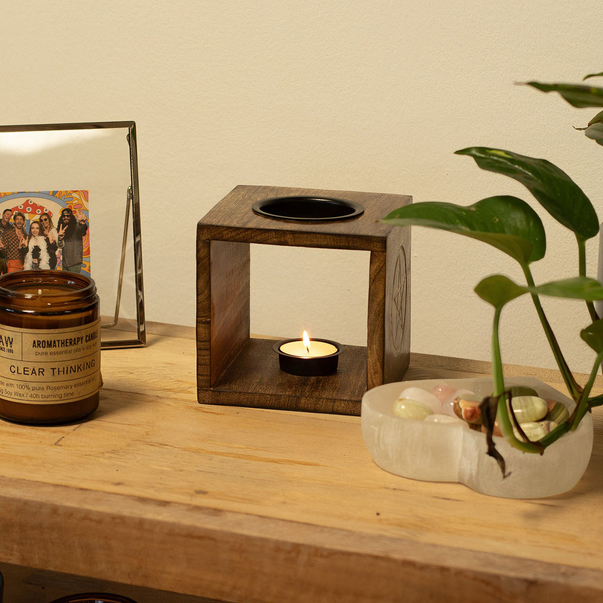 Large Square Mango Wood Oil Burner- Pentagon