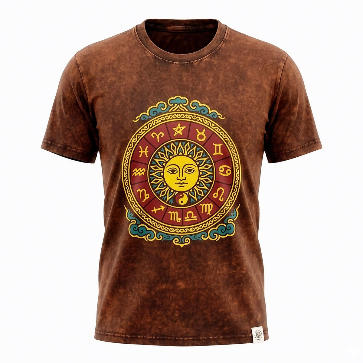 Nomad Sari Stonewashed Cotton T-Shirt - Sun & Zodiac - Brown - Large